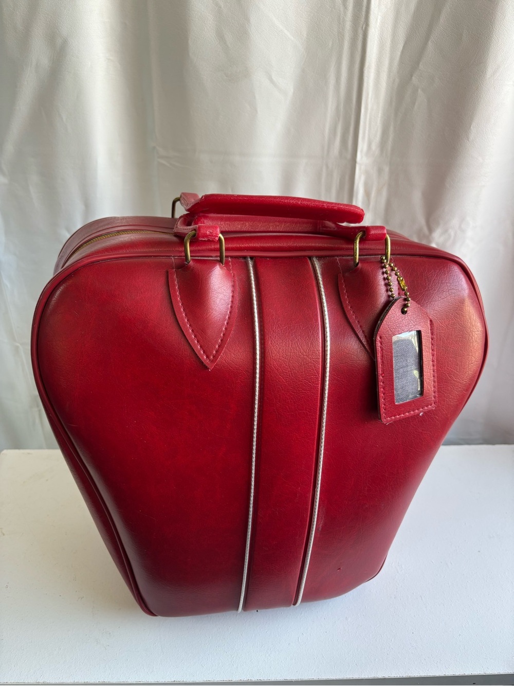 Vintage red Naugahyde bowling bag with rack, 10 pin bowling ball, shoes